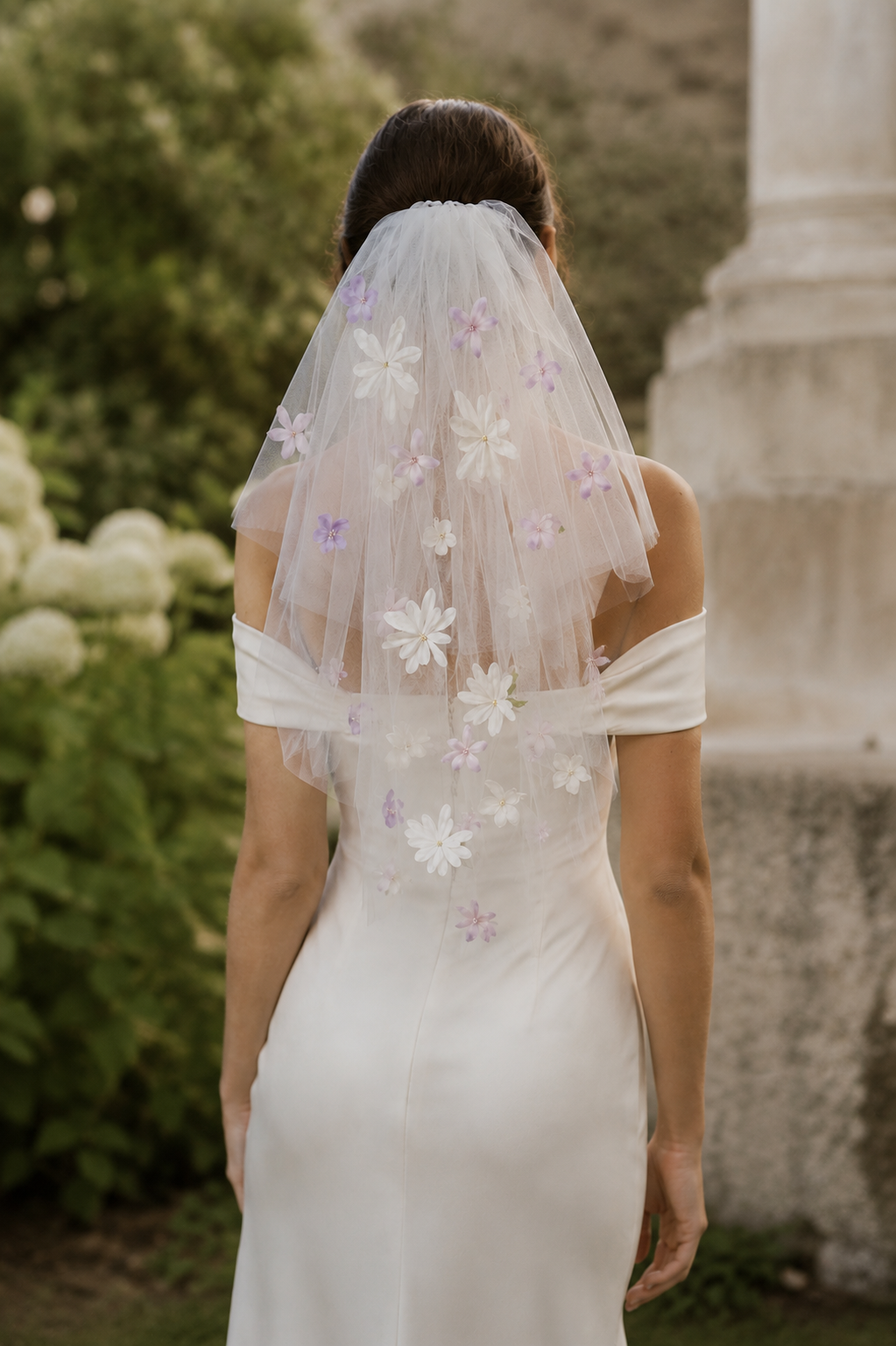 White & Lilac Floral Veil