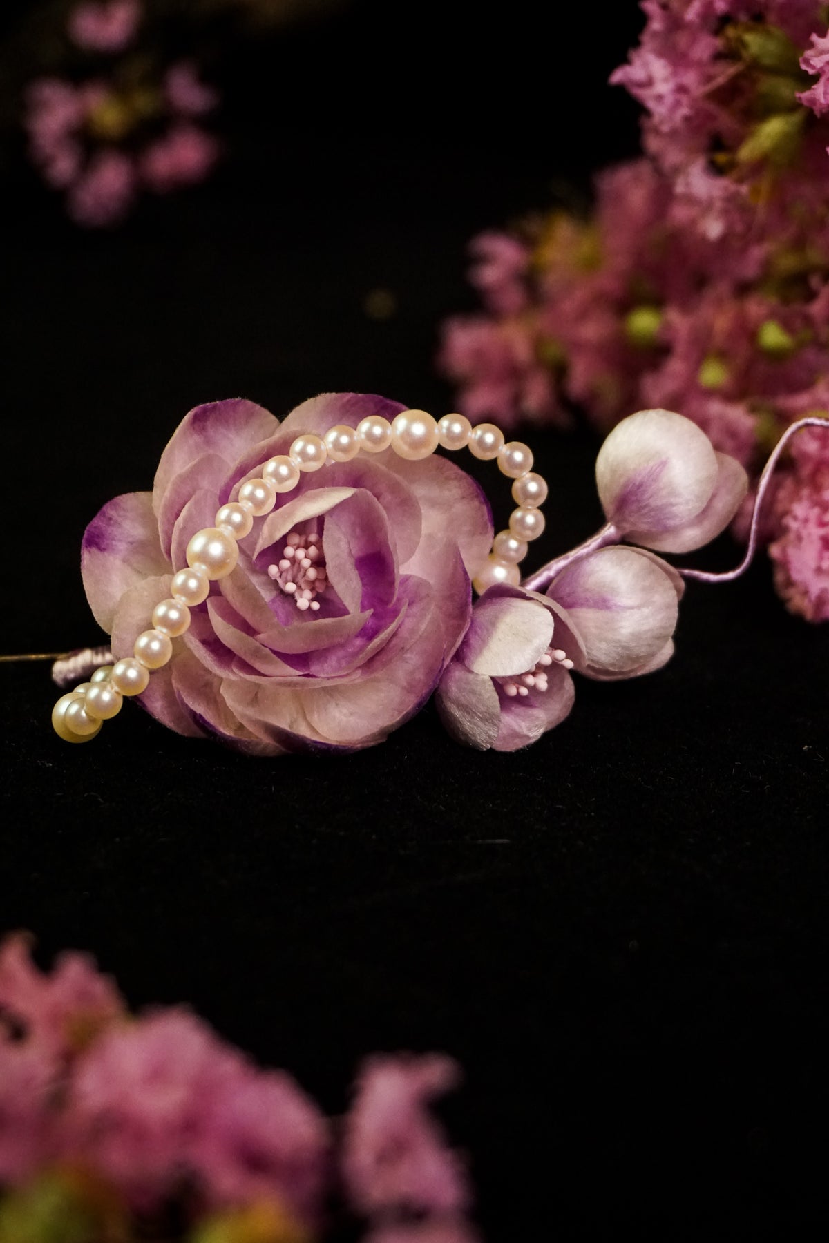 Handmade Pink & Purple Camellia Pearl Brooch