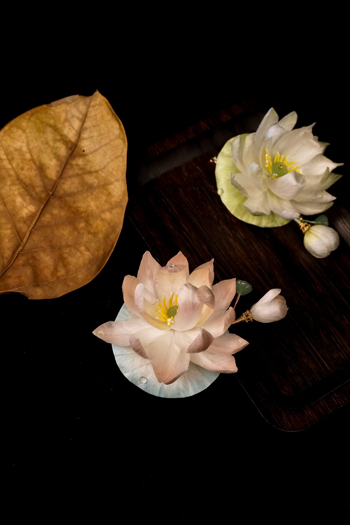 Pink & White Lotus Brooch Set