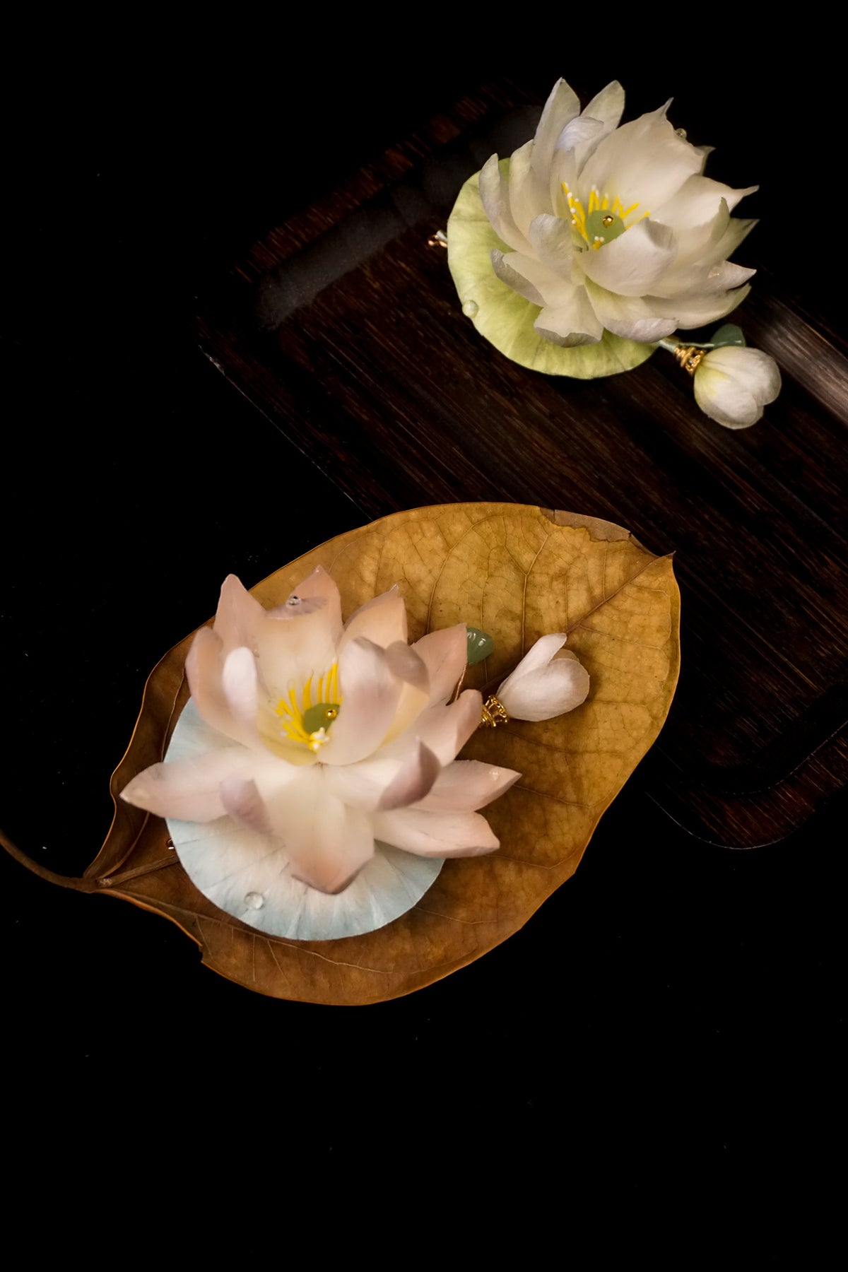Pink & White Lotus Brooch Set