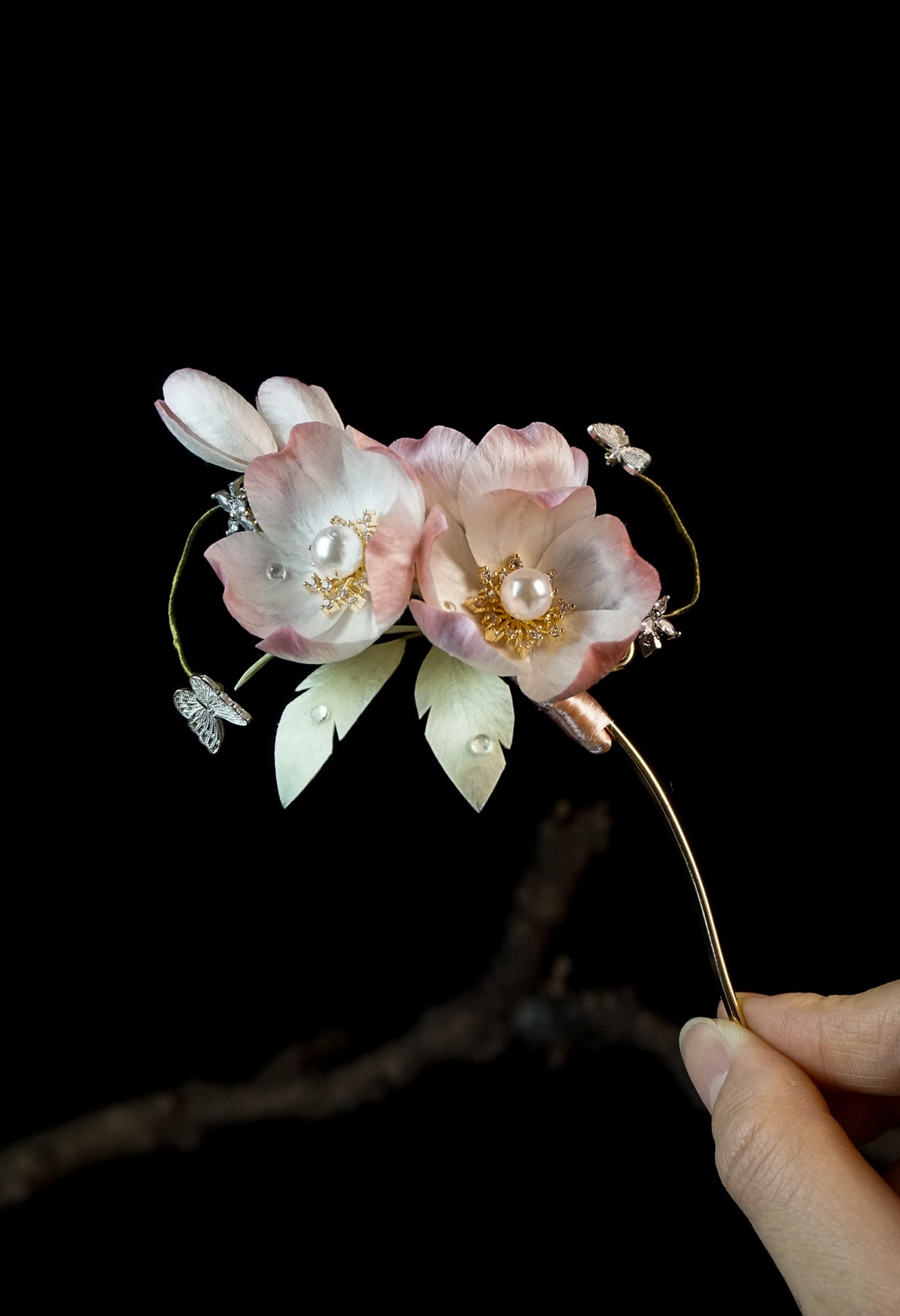 Handmade Peach Blossom Velvet Flower Hairpin