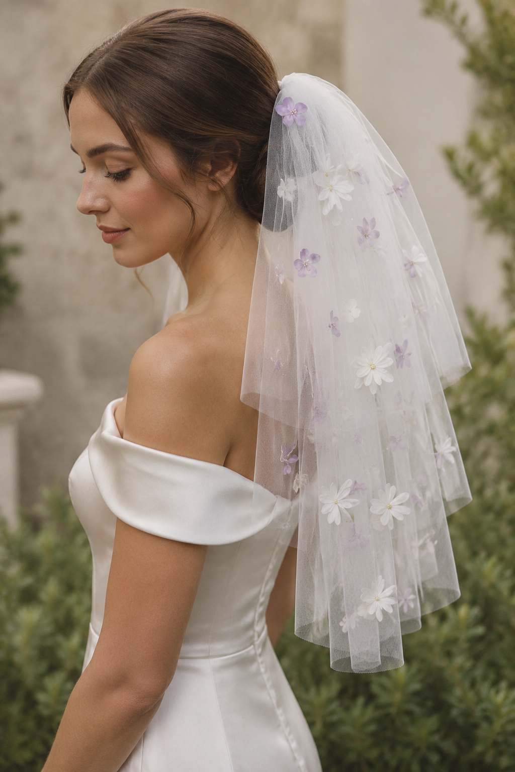 White & Lilac Floral Veil