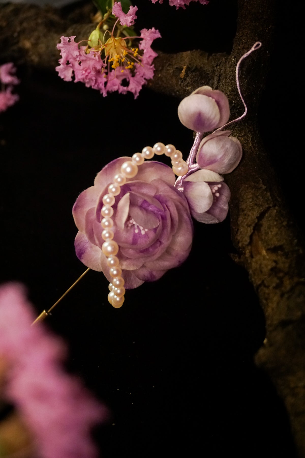 Handmade Pink & Purple Camellia Pearl Brooch