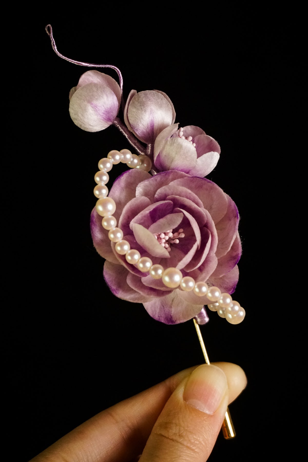 Handmade Pink & Purple Camellia Pearl Brooch