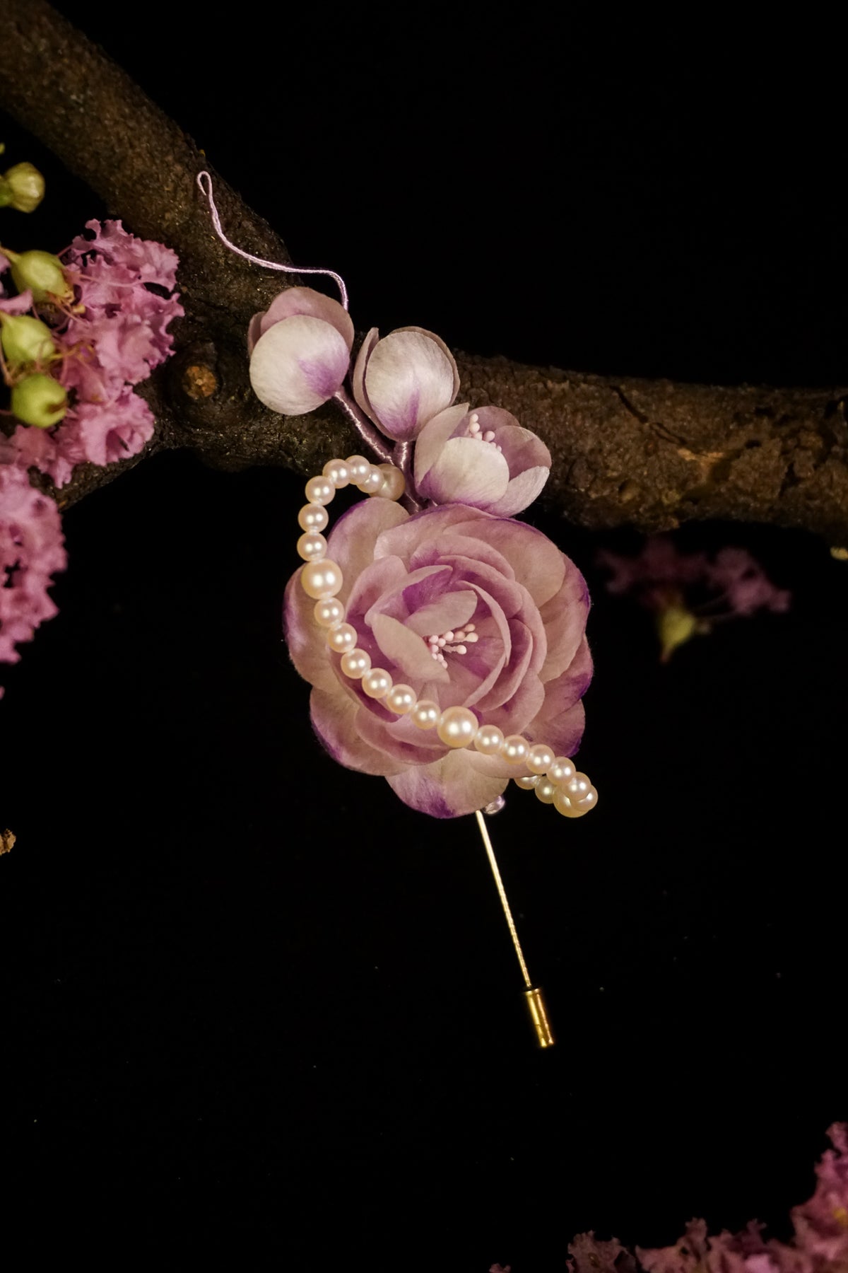 Handmade Pink & Purple Camellia Pearl Brooch